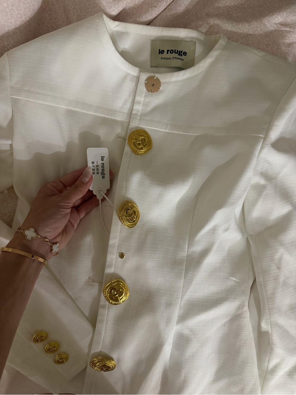 White Women's Structured Jacket with Gold Buttons